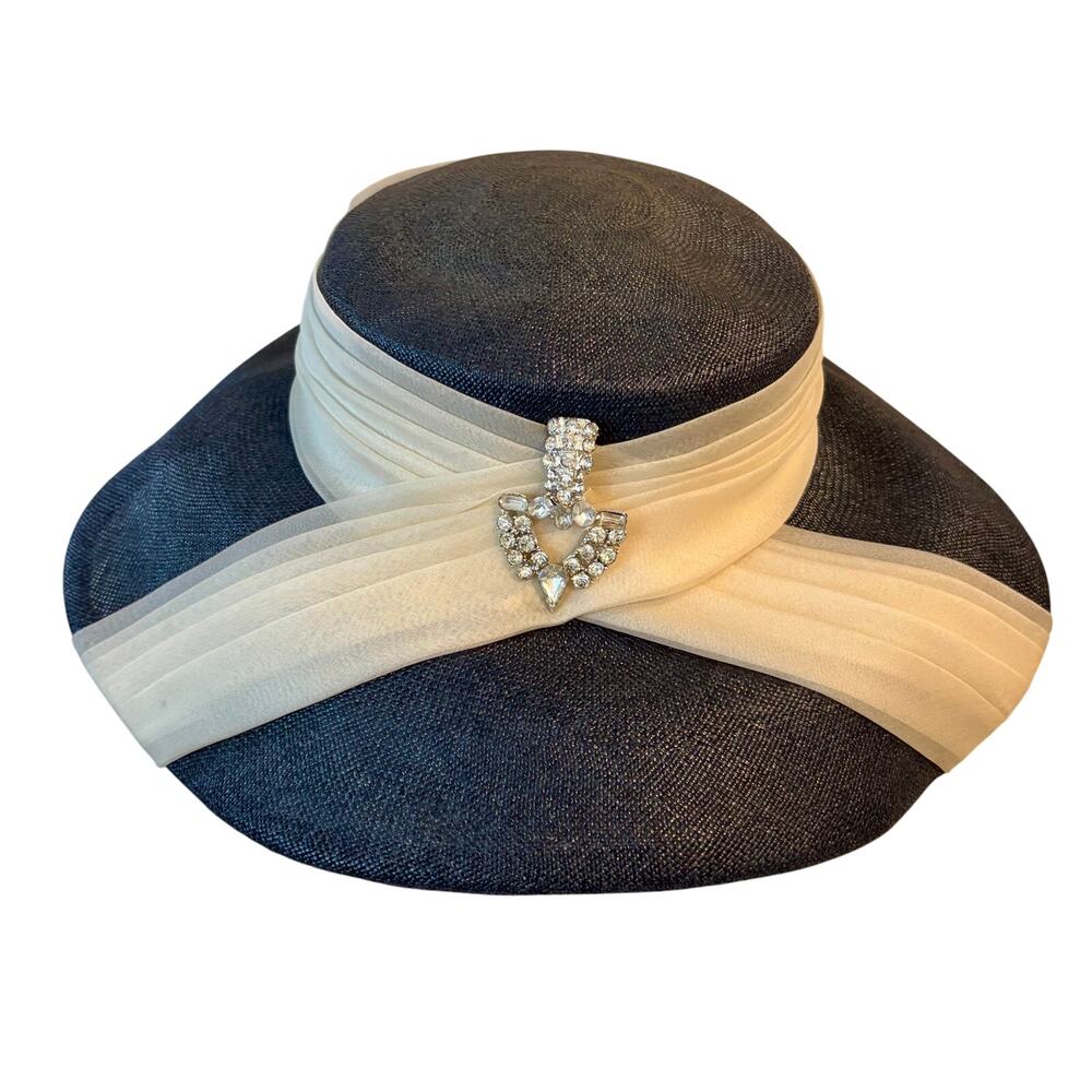 Cathay California Original Vintage Navy Blue Hat Cream Rhinestone Trim Lampshade